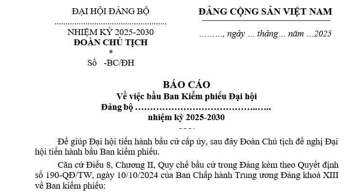 Mẫu báo cáo bầu Ban Kiểm phiếu Đại hội Đảng bộ?