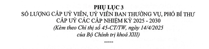 Phụ lục 3 Chỉ thị 45-CT/TW