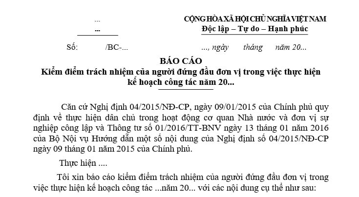 Mẫu Báo cáo Kiểm điểm trách nhiệm của người đứng đầu đơn vị? Tải về Mẫu Báo cáo Kiểm điểm trách nhiệm của người đứng đầu đơn vị?