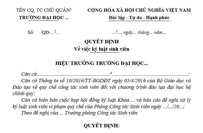 Quyết định kỷ luật sinh viên vô lễ với cựu chiến binh thế nào? Tải về Mẫu Quyết định kỷ luật sinh viên vô lễ với cựu chiến binh mới nhất?