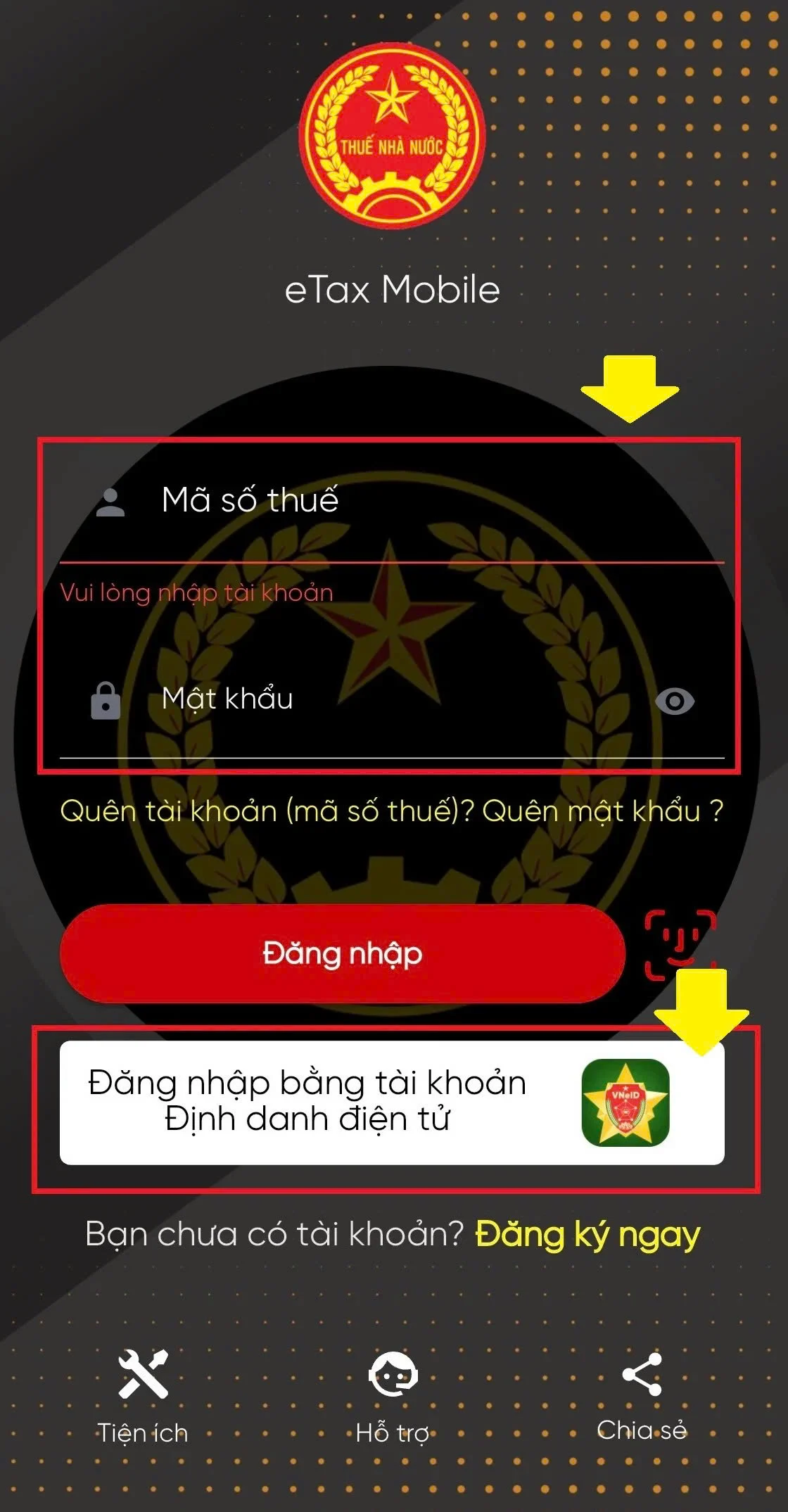 Bước 1: Đăng nhập app eTax Mobile bằng tài khoản thuế điện tử hoặc VNeID mức 2