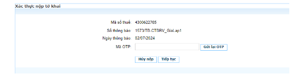 Bước 4: Nhập mã kiểm tra, nhấn “Tiếp tục”, hệ thống hiển thị màn hình nhập mã OTP