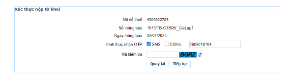Bước 3: Nhấn “Tiếp tục”, hệ thống hiển thị màn hình xác thực nộp văn bản GTBS thông tin