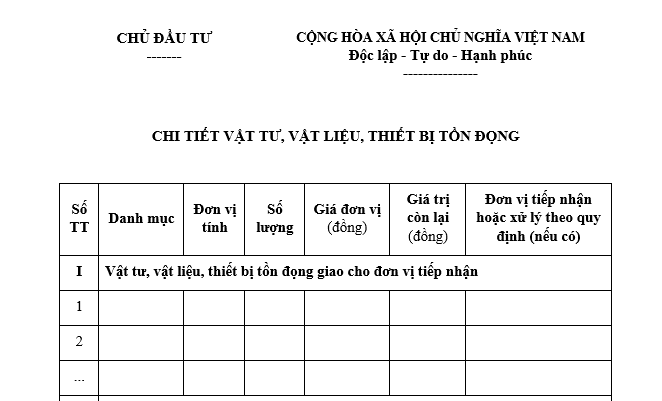 Mẫu bảng kê chi tiết giá trị vật tư thiết bị tồn đọng mới nhất 2026 (Mẫu số 06/QTDA) dành cho chủ đầu tư