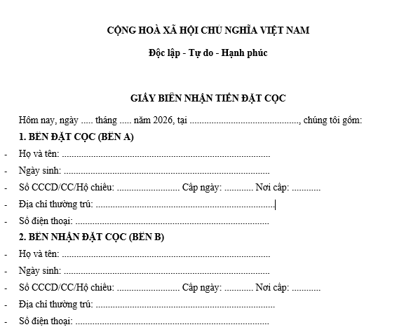 Mẫu Giấy biên nhận tiền đặt cọc mới nhất 2026? Download mẫu giấy biên nhận tiền đặt cọc thông dụng?