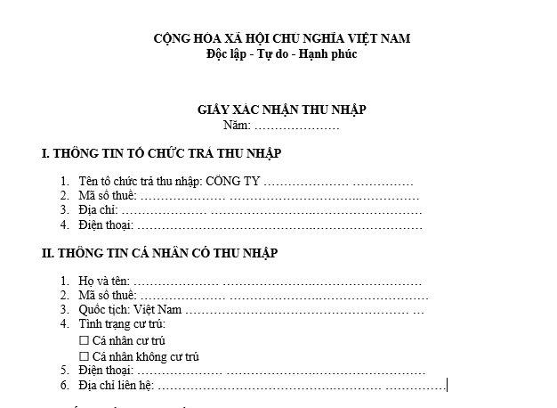 Mẫu Giấy xác nhận thu nhập 2026 của công ty trả thu nhập