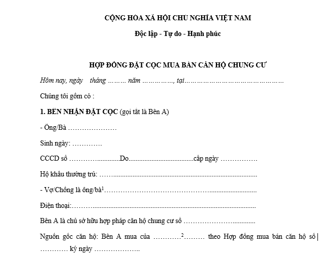 Mẫu hợp đồng đặt cọc mua bán căn hộ chung cư 2026? Tải Mẫu hợp đồng đặt cọc mua bán căn hộ chung cư file word?