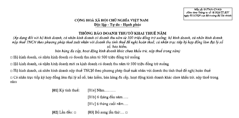 Mẫu thông báo doanh thu 2026 của hộ kinh doanh mới ra kinh doanh