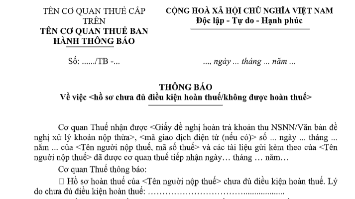 Mẫu Thông báo không được hoàn thuế TNCN 2026 cho người nộp thuế