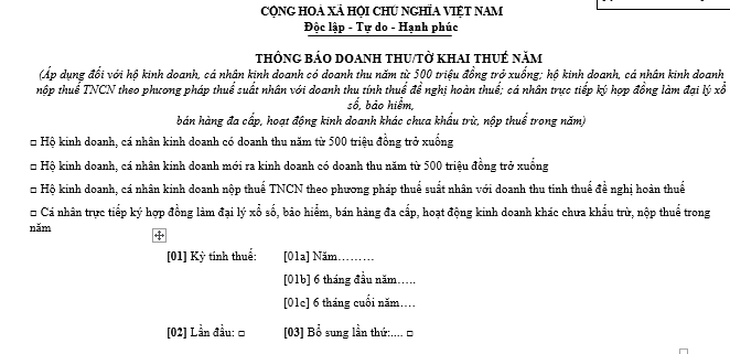 Mẫu Tờ khai thuế tiêu thụ đặc biệt năm mới nhất 2026 dành cho hộ kinh doanh không chịu thuế GTGT, không nộp thuế TNCN