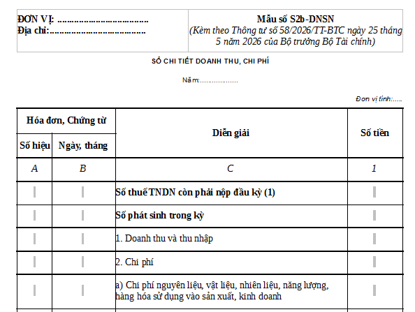 Mẫu Sổ chi tiết doanh thu chi phí theo Thông tư 58 dành cho doanh nghiệp nhỏ