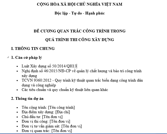 Mẫu Đề cương quan trắc công trình trong quá trình thi công xây dựng