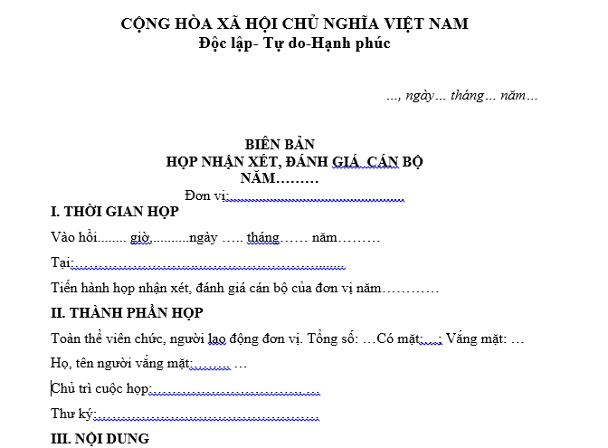 Mẫu Biên bản cuộc họp nhận xét đánh giá cán bộ của tập thể lãnh đạo cơ quan, tổ chức nơi cán bộ công tá