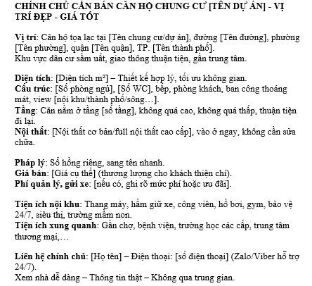 (3) Mẫu đăng tin bán Chung cư