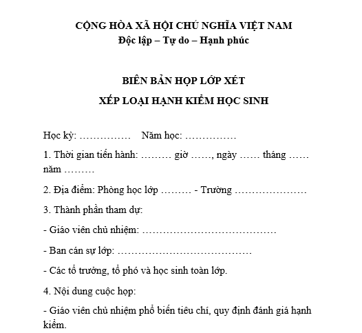 Mẫu‍ Biên‍ bản‍ họp‍ lớp‍ về‍ xếp‍ loại‍ hạnh‍ kiểm‍ học‍ sinh THCS, THPT