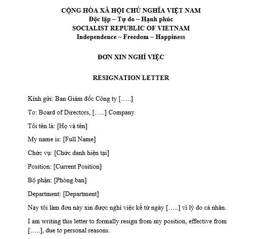  Mẫu Đơn xin nghỉ việc song ngữ anh việt dành cho người lao động