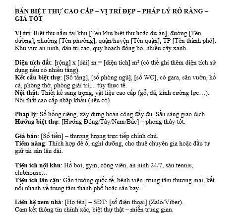 (4) Mẫu đăng tin bán Biệt thự