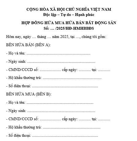 Mẫu hợp đồng hứa mua hứa bán bất động sản khi chưa đủ điều kiện sang tên ngay