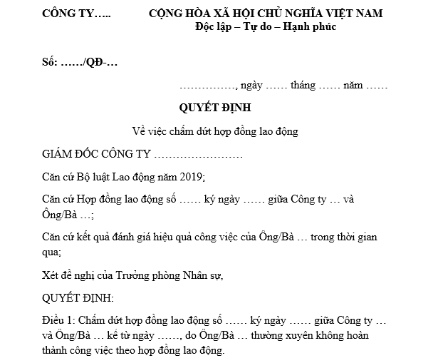 Mẫu quyết định chấm dứt hợp đồng lao động đối với người lao động không hoàn thành công việc