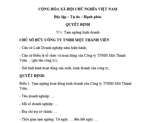Mẫu quyết định tạm ngừng kinh doanh của chủ sở hữu công ty đối với công ty trách nhiệm hữu hạn một thành viên