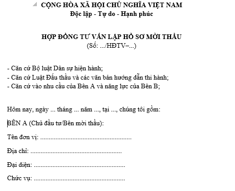Mẫu hợp đồng tư vấn lập hồ sơ mời thầu