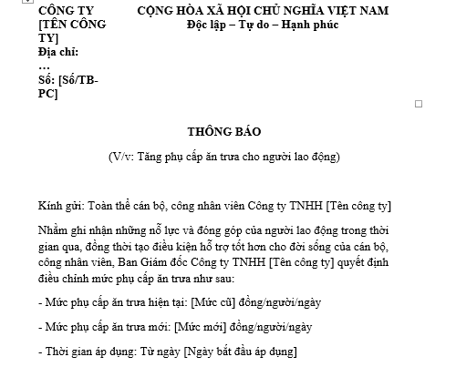 Mẫu Thông báo tăng tiền phụ cấp ăn trưa cho người lao động