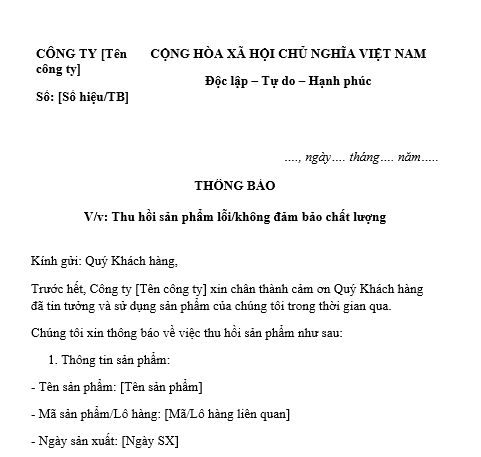 Mẫu Thông báo thu hồi sản phẩm lỗi, hàng không đảm bảo chất lượng gửi khách hàng