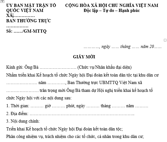  Mẫu Giấy mời dự Hội nghị triển khai Kế hoạch tổ chức Ngày hội Đại đoàn kết toàn dân tộc ở Khu dân cư năm 2025. 