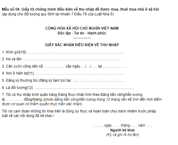 Mẫu số 04 giấy tờ chứng minh điều kiện về thu nhập để được mua nhà ở xã hội