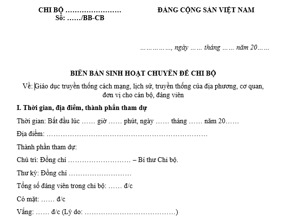 Mẫu biên bản sinh hoạt chuyên đề chi bộ về giáo dục truyền thống cách mạng, lịch sử, truyền thống của địa phương, cơ quan, đơn vị cho cán bộ, đảng viên