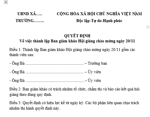 Mẫu Quyết định lập ban giám khảo Hội giảng chào mừng ngày 20 tháng 11? Tải về mẫu Quyết định thành lập ban giám khảo?