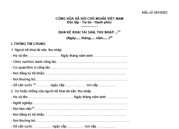Mẫu Bản kê khai tài sản thu nhập của người ứng cử đại biểu Hội đồng ...