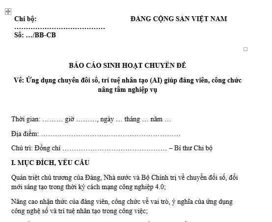 Mẫu Báo cáo sinh hoạt chi bộ chuyên đề Ứng dụng chuyển đổi số, trí tuệ nhân tạo (AI) giúp đảng viên, công chức nâng tầm nghiệp vụ? Tải mẫu? 