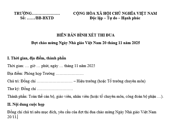Mẫu Biên bản bình xét thi đua đợt 20 tháng 11 ngày Nhà giáo Việt Nam? 20 tháng 11 học sinh có được nghỉ không?