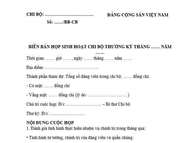 Mẫu biên bản họp sinh hoạt chi bộ thường kỳ đánh giá kết quả công tác lãnh đạo thực hiện nhiệm vụ chính trị trong tháng?