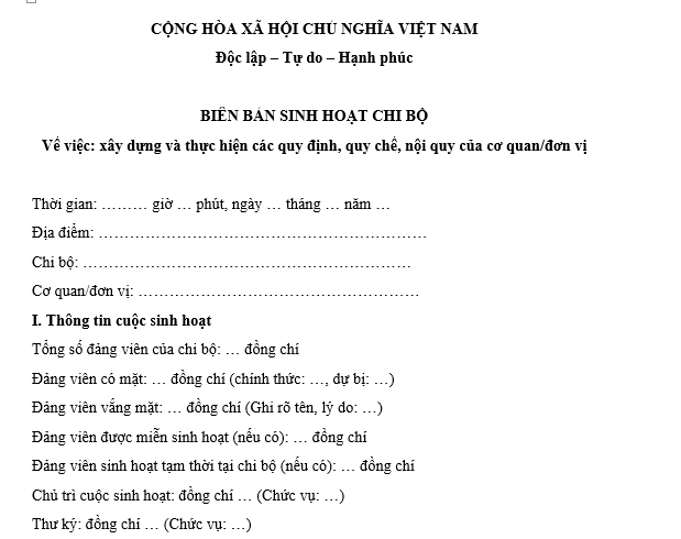 Mẫu biên bản sinh hoạt chi bộ cơ quan hành chính về xây dựng và thực hiện các quy định, quy chế, nội quy của cơ quan, đơn vị? Tải mẫu?