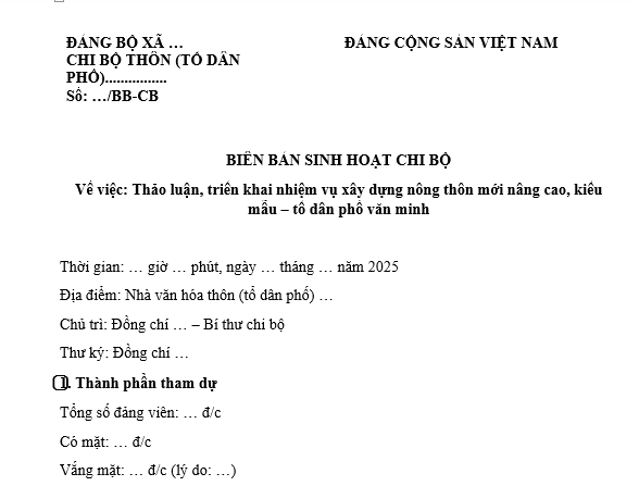 Mẫu biên bản sinh hoạt chi bộ thôn, tổ dân phố về xây dựng nông thôn mới nâng cao, kiểu mẫu, tổ dân phố kiểu mẫu văn minh