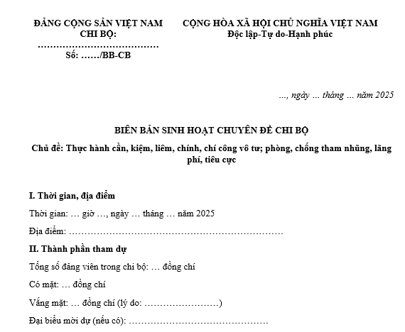 Mẫu biên bản sinh hoạt chuyên đề chi bộ về thực hành cần, kiệm, liêm, chính, chí công vô tư, phòng, chống tham nhũng, lãng phí, tiêu cực?
