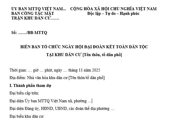  Mẫu Biên bản tổ chức Ngày hội Đại đoàn kết toàn dân tộc tại khu dân cư