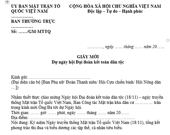 Mẫu Giấy mời dự ngày hội Đại đoàn kết toàn dân tộc gửi cán bộ các ban, ngành, đoàn thể (Phụ nữ, Thanh niên, Cựu chiến binh, Nông dân…)? 