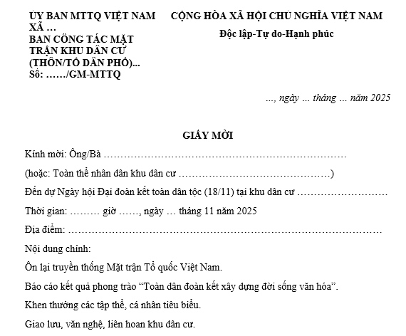 Mẫu Giấy mời dự Ngày hội đại đoàn kết toàn dân tộc 18 tháng 11 gửi cư dân trong khu dân cư, thôn, tổ dân phố? Tải mẫu? 