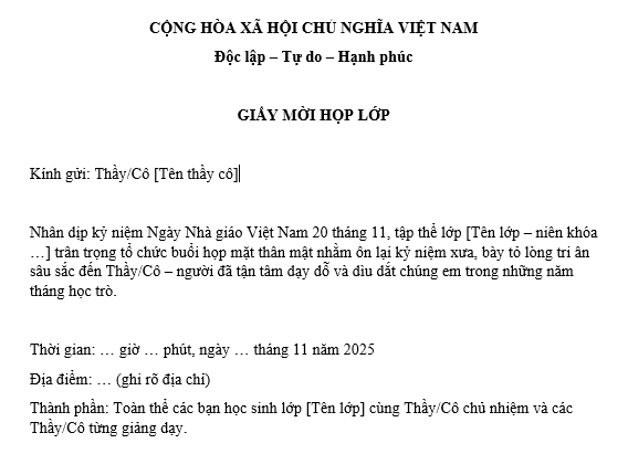 Mẫu giấy mời họp lớp nhân ngày 20 tháng 11 gửi thầy cô giáo cũ? Tải Mẫu giấy mời tri ân thầy cô file word?