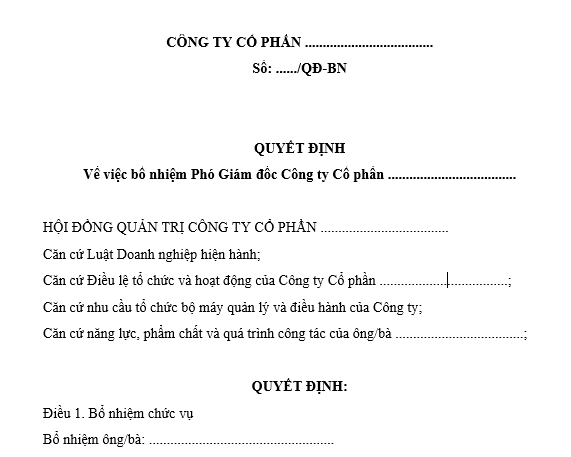 Mẫu quyết định bổ nhiệm Phó giám đốc công ty cổ phần