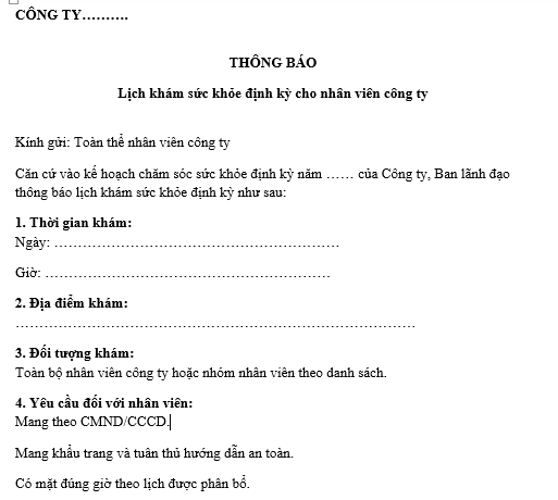 Mẫu Thông báo lịch khám sức khỏe định kỳ cho nhân viên công ty kèm danh sách đăng ký khám? Tải mẫu? 