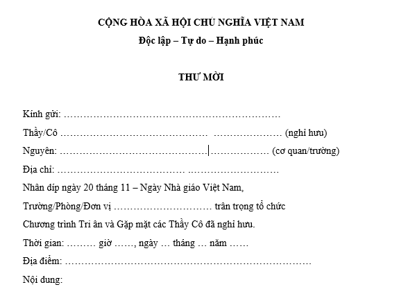 Mẫu Thư mời tham dự Chương trình tri ân Ngày Nhà giáo Việt Nam 20 tháng 11 dành cho các thầy cô giáo đã nghỉ hưu? Tải mẫu? 