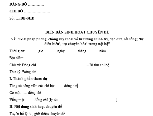: Mẫu biên bản sinh hoạt chuyên đề giải pháp phòng chống suy thoái về tư tưởng chính trị, đạo đức, lối sống, "tự diễn biến", "tự chuyển hóa"