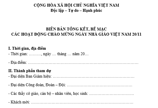 Mẫu Biên bản tổng kết, bế mạc hoạt động chào mừng ngày 20 tháng 11