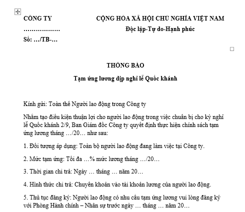  Mẫu thông báo về chính sách tạm ứng lương dịp nghỉ lễ 2 9 cho người lao động