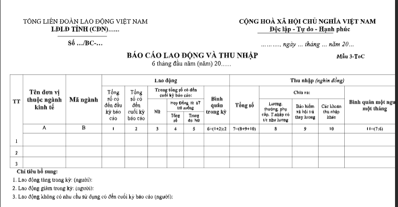 Mẫu Báo cáo lao động và thu nhập 6 tháng đầu năm 2026 có dạng như sau: