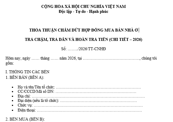  Mẫu thỏa thuận chấm dứt hợp đồng mua bán nhà ở trả chậm và hoàn tiền mới nhất 2026